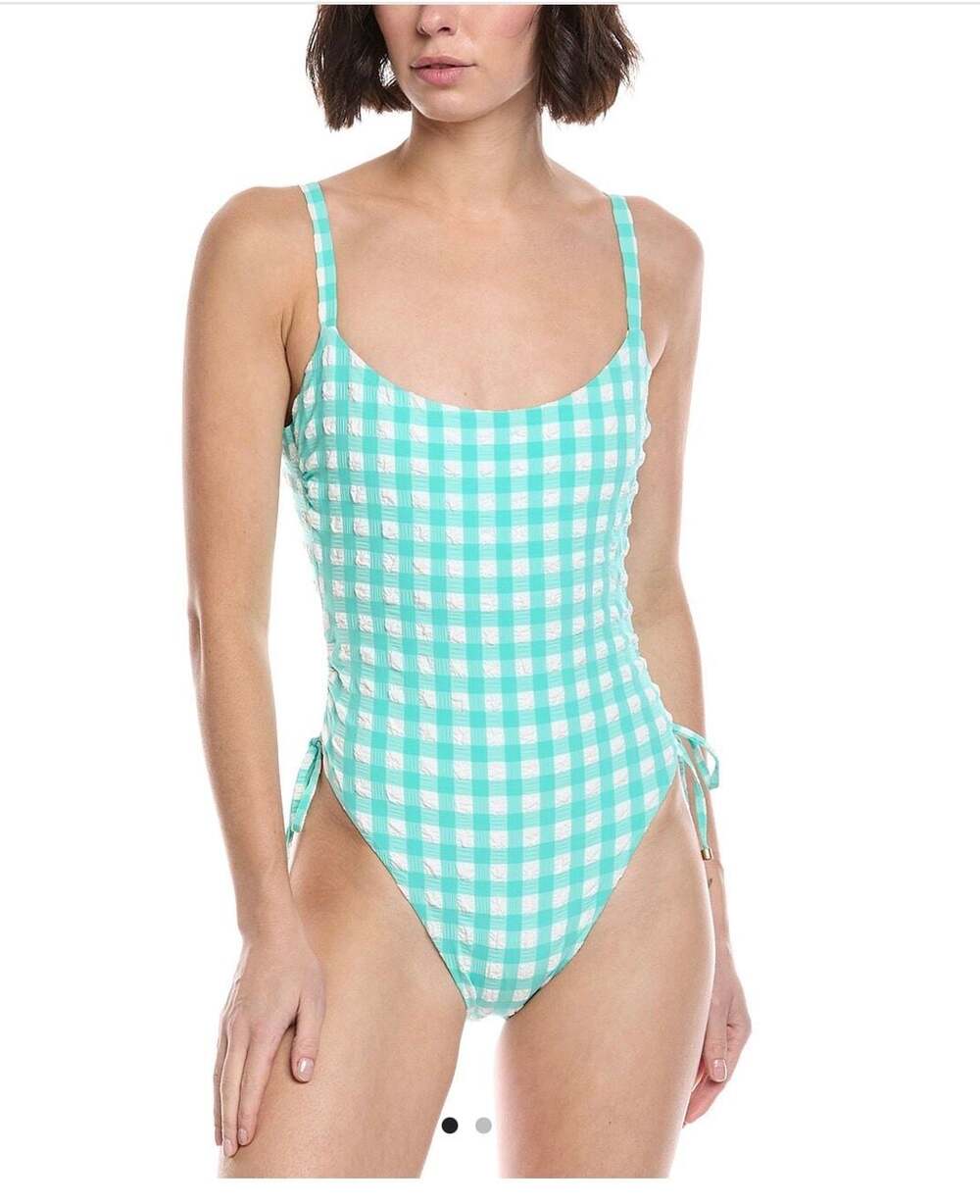 Vitamin A Gemma Ruched One-Piece Swimsuit in Seafoam Pucker Gingham